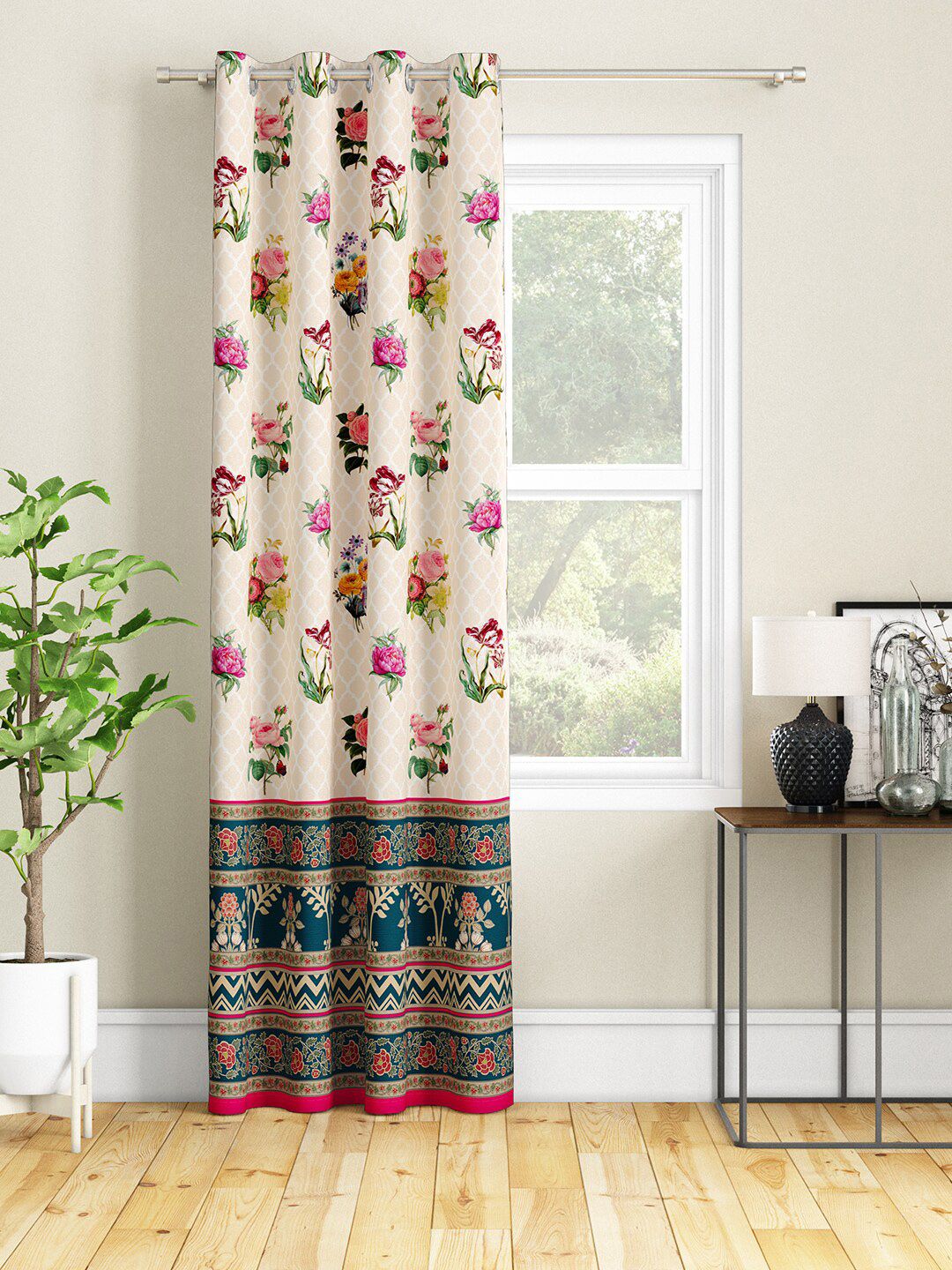SEJ by Nisha Gupta Cream-Coloured & Pink Floral Long Door Curtain Price in India