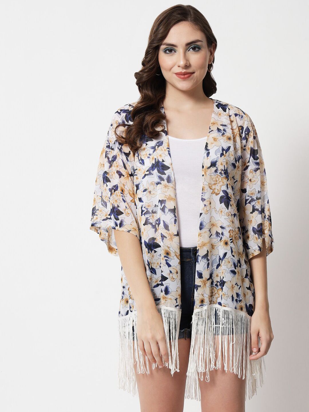 PURYS Women White & Blue Printed Tasselled Shrug Price in India