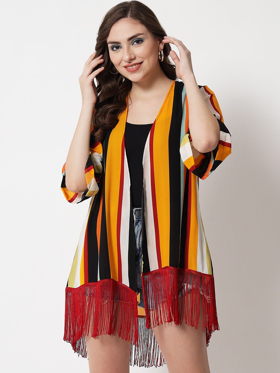 PURYS Women Yellow & Black Striped Tasselled Shrug Price in India