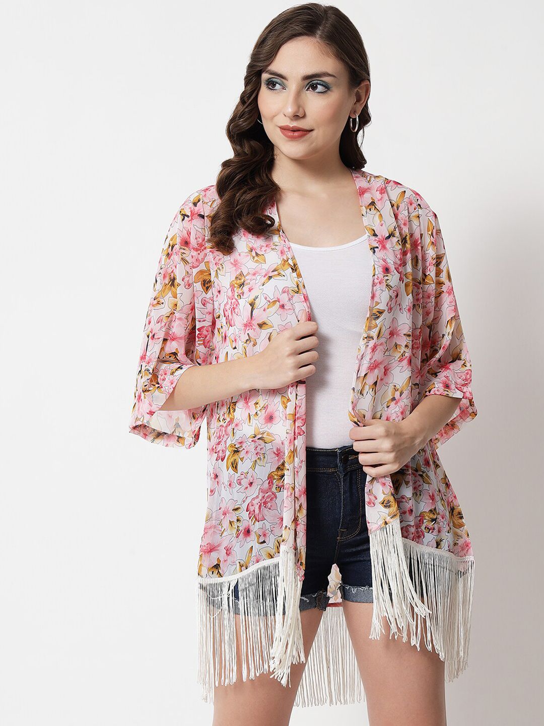 PURYS Women White & Pink Printed Tasselled Shrug Price in India