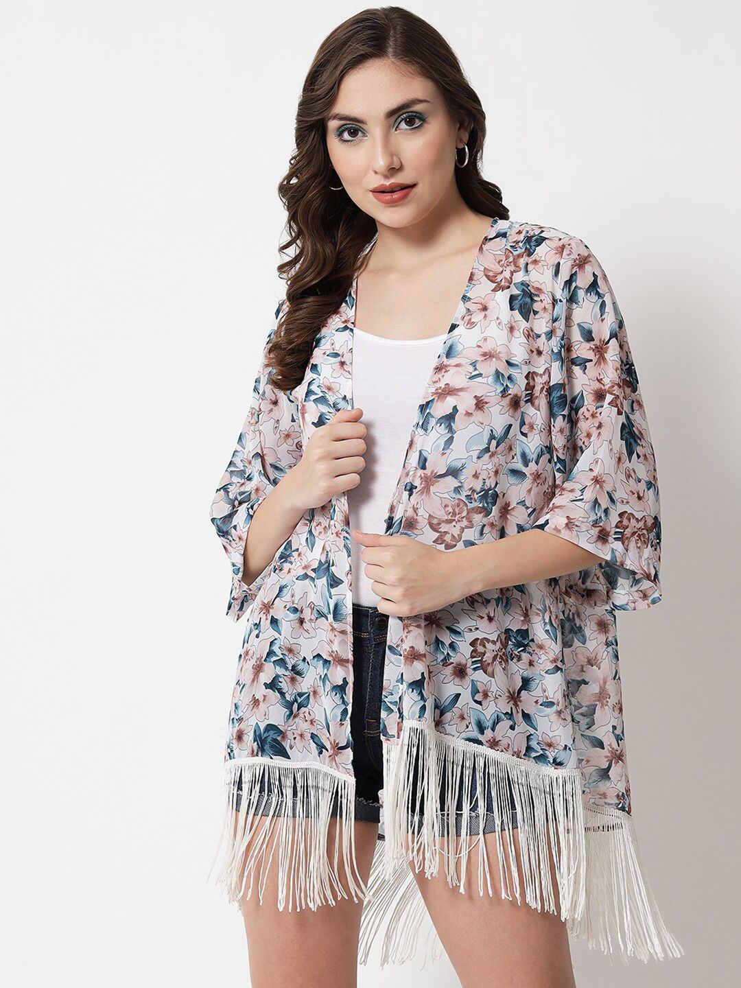 PURYS Women White & Blue Printed Tasselled Shrug Price in India