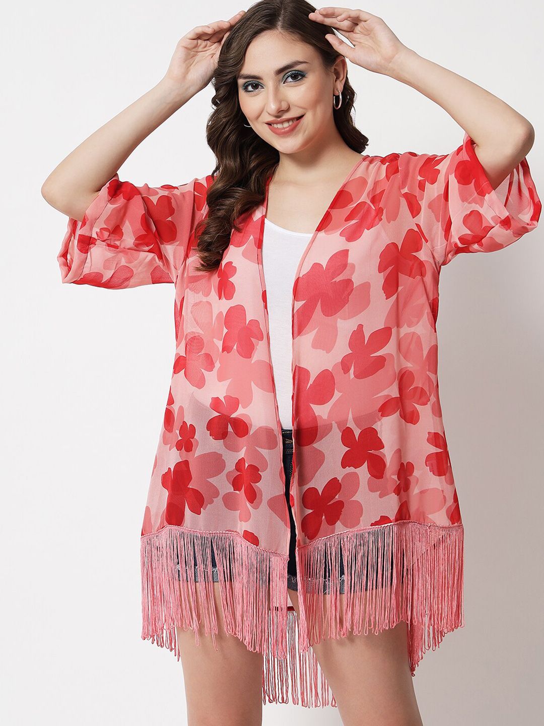 PURYS Women Pink & Red Printed Tasselled Shrug Price in India