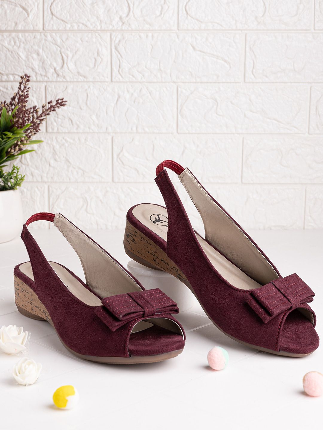 FOOTONS Maroon Wedge Peep Toes with Bows Price in India