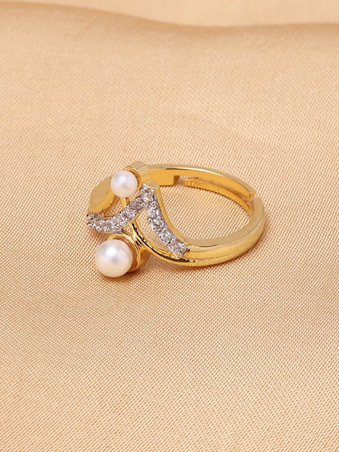 Voylla Gold-Plated White Stone-Studded & Pearl Beaded Adjustable Finger Ring Price in India