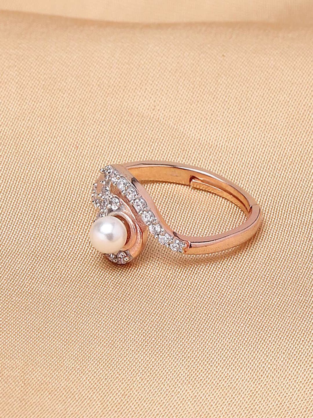 Voylla Rose Gold-Plated White Stone-Studded & Pearl Beaded Adjustable Finger Ring Price in India