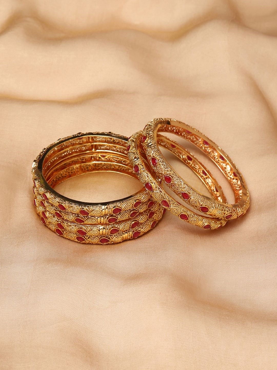 Voylla Women Set Of 6 Gold-Toned & Red Brass Gold-Plated Bangle-Style Bracelet Price in India