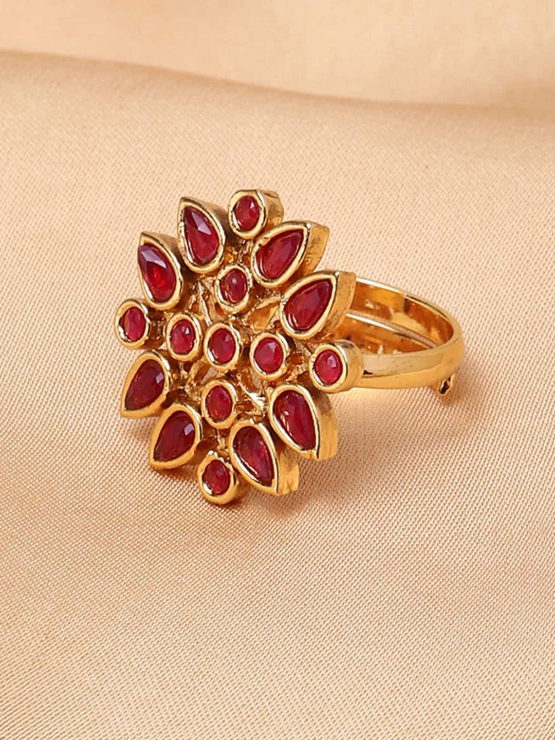 Voylla Gold-Plated Red Stone-Studded Adjustable Finger Ring Price in India
