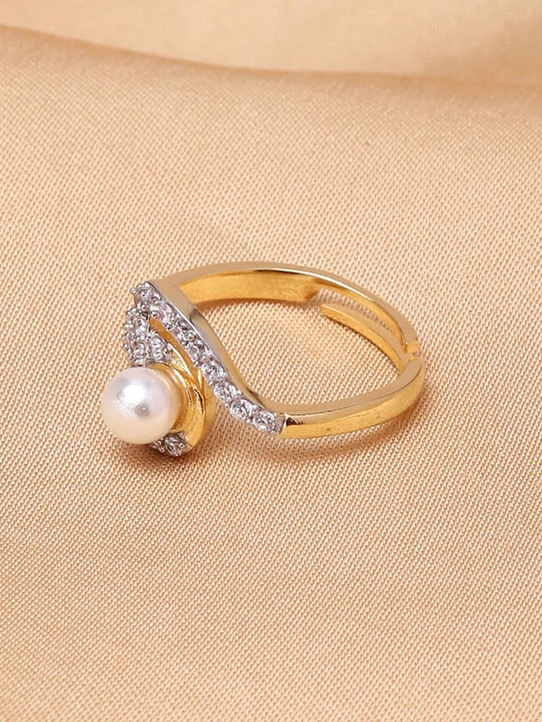 Voylla Gold-Plated White Stone-Studded & Pearl Beaded Adjustable Finger Ring Price in India