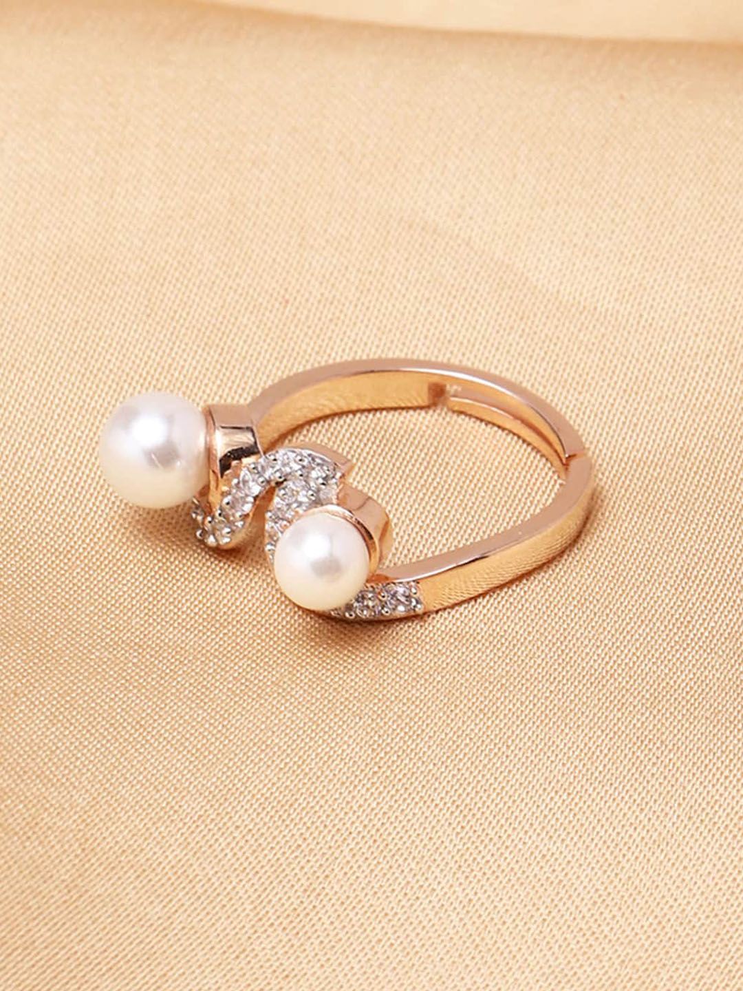 Voylla Rose Gold-Plated White Stone-Studded & Pearl Beaded Adjustable Finger Ring Price in India