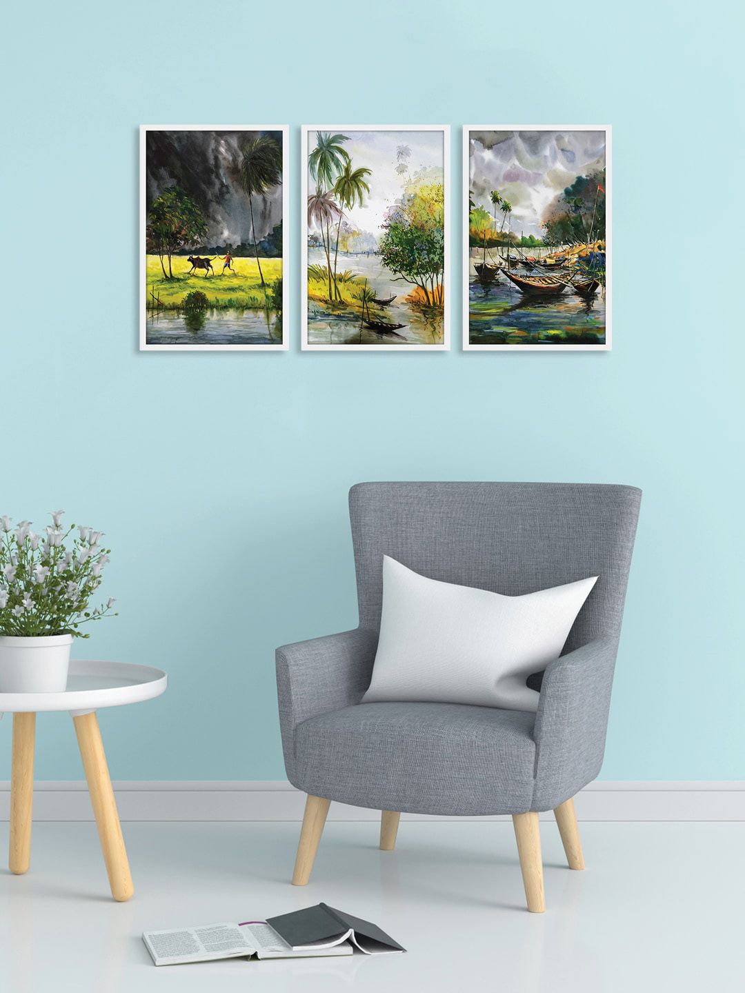 RANDOM  Set of 3 Multicolored Greenery Landscape Wall Paintings Price in India