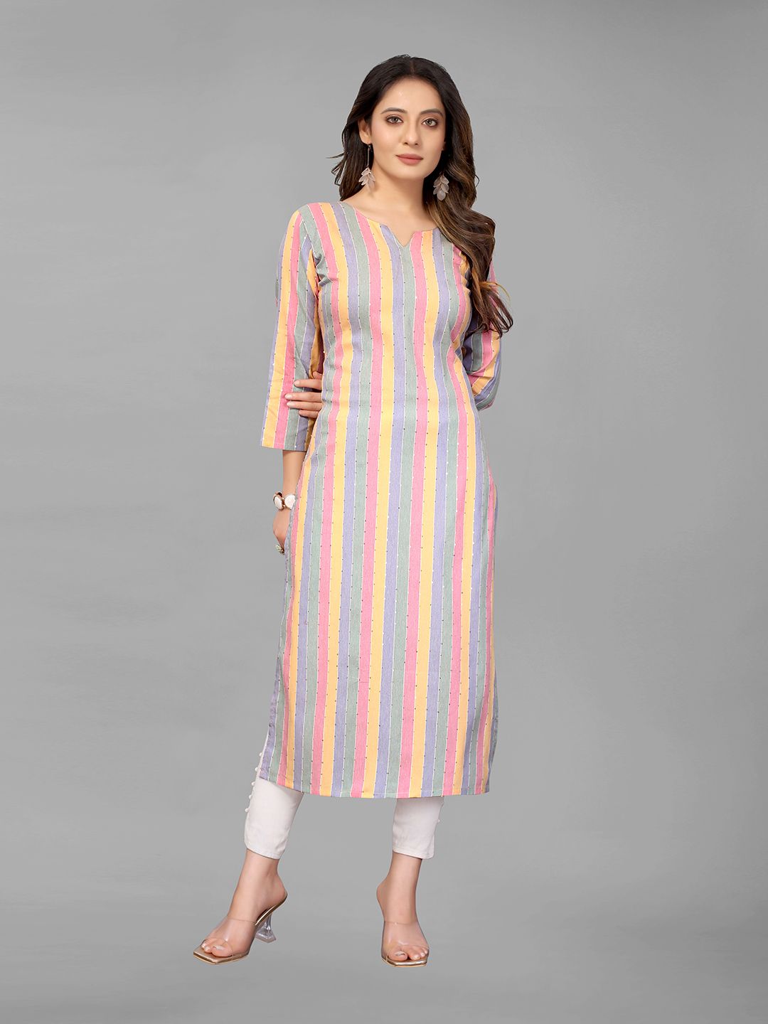 GUNVANTI FAB Women Multicoloured Striped Panelled Sequinned Kurti with Trousers Price in India