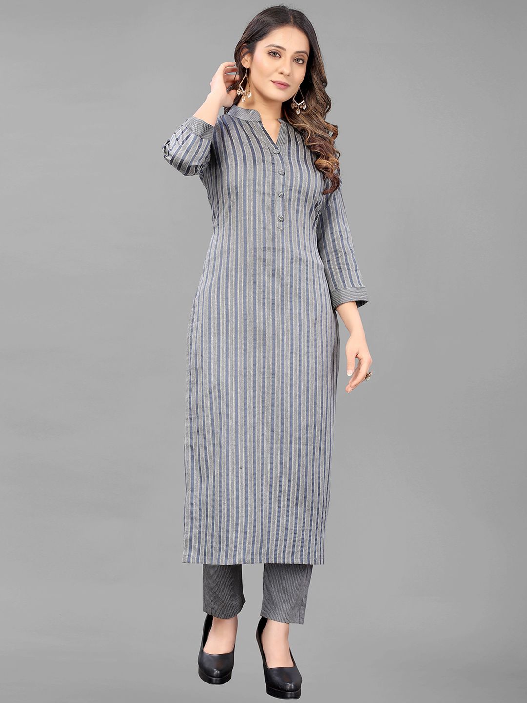 GUNVANTI FAB Women Grey Striped Pleated Pure Cotton Kurti with Trousers Price in India