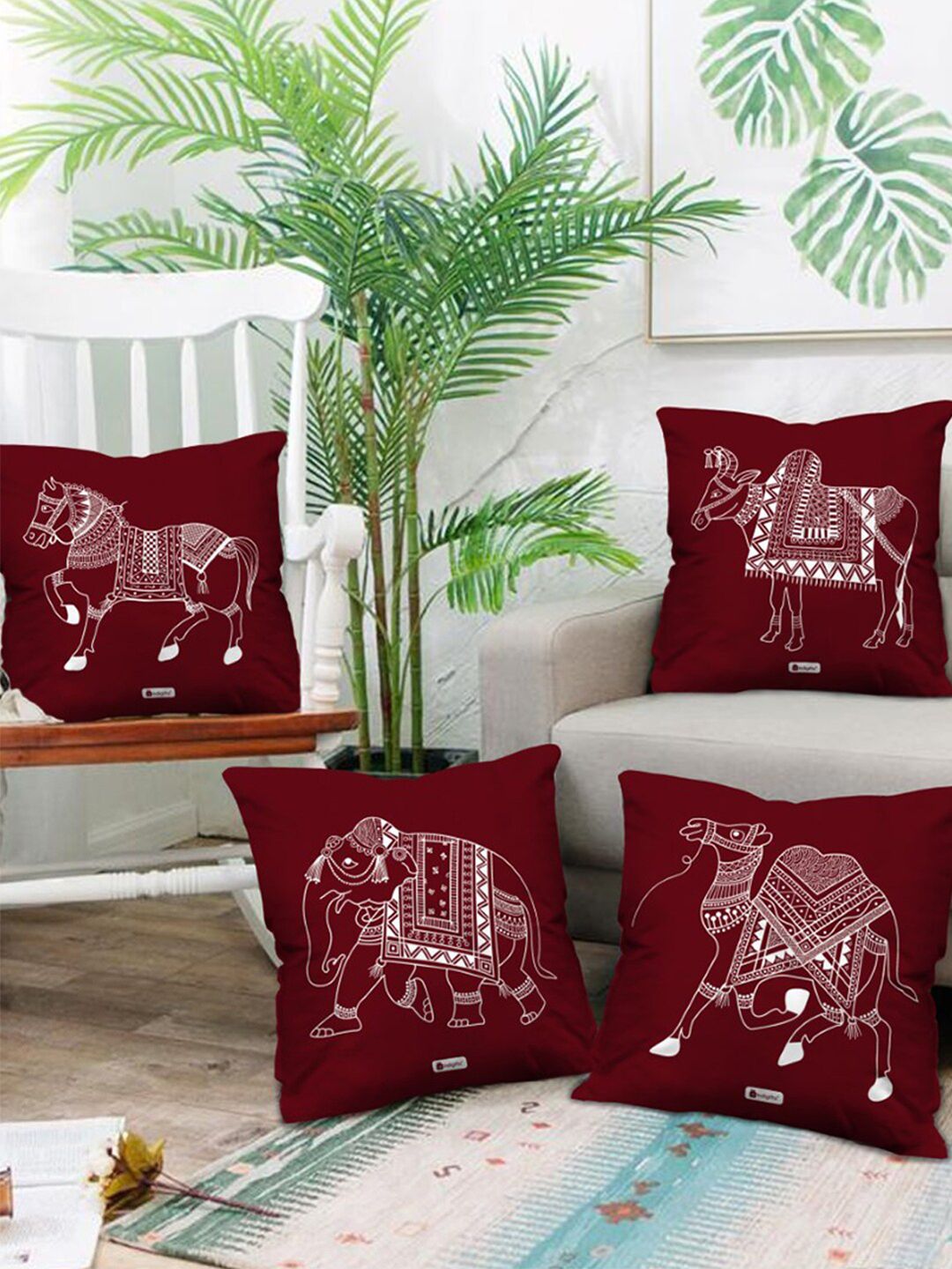Indigifts Maroon & White Set of 4 Ethnic Motifs Satin Square Cushion Covers Price in India