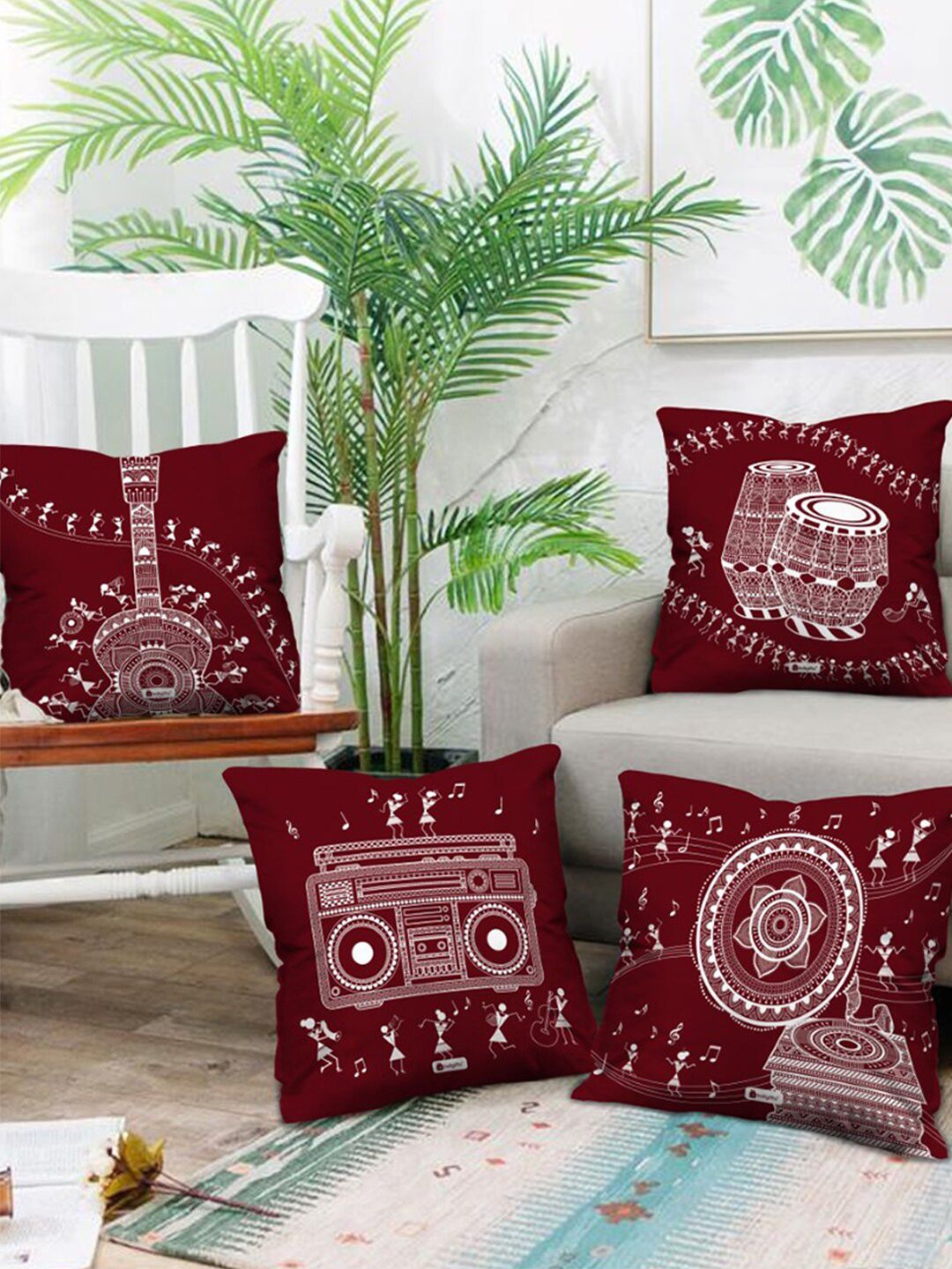 Indigifts Maroon & White Set of 4 Satin Square Cushion Covers Price in India