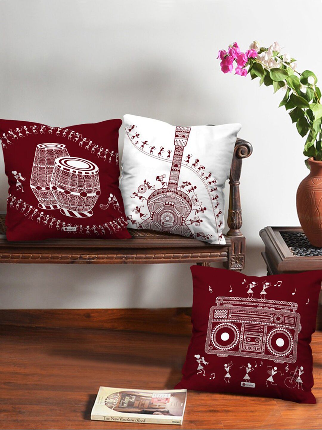 Indigifts Maroon & White Set of 3 Ethnic Motifs Satin Square Cushion Covers Price in India