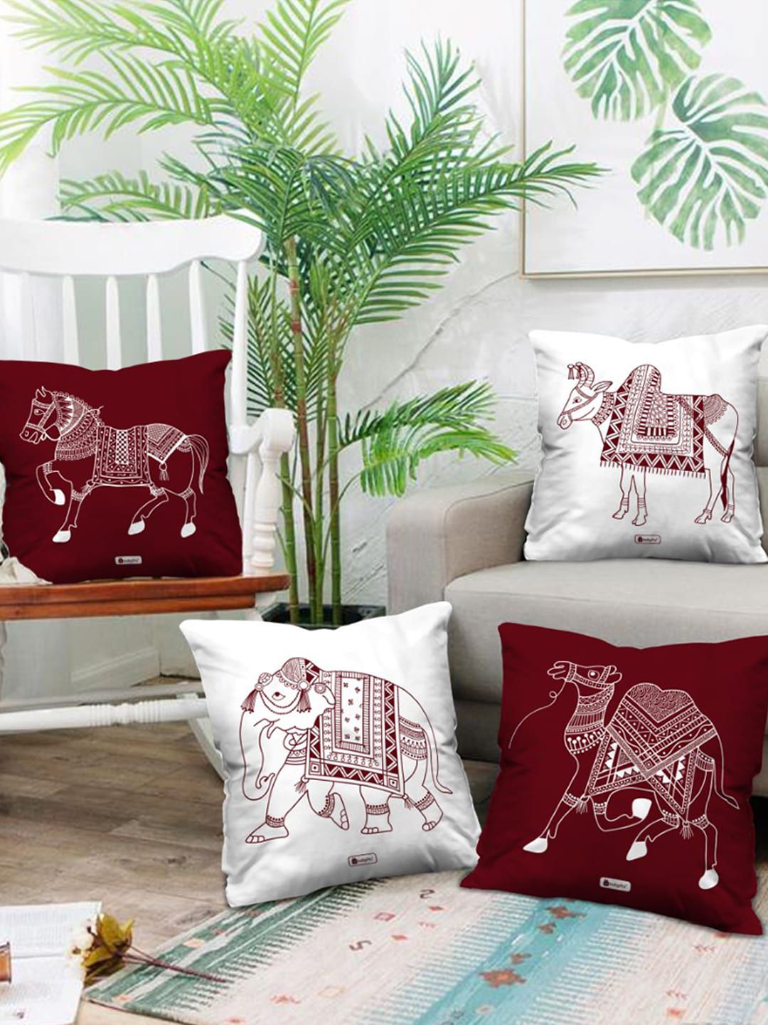 Indigifts Set of 4 White & Maroon Animal Pattern Printed Cotton Floor Cushions Price in India