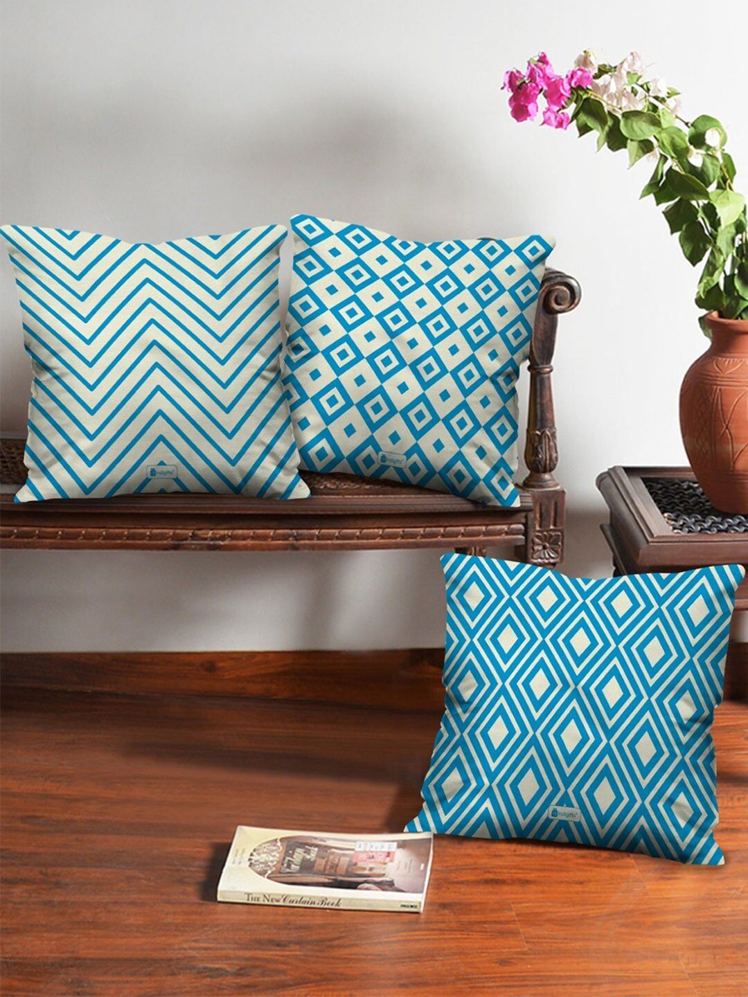 Indigifts Blue & White Set of 3 Satin Square Cushion Covers Price in India