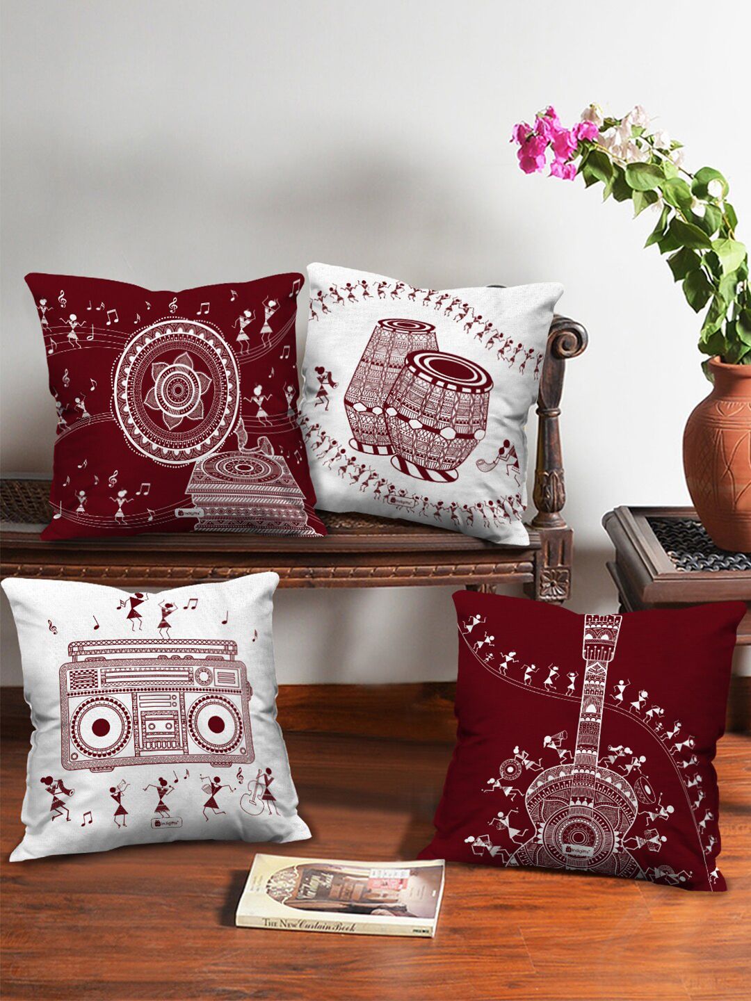 Indigifts White & Maroon Set of 4 Ethnic Motifs Satin Square Cushion Covers Price in India