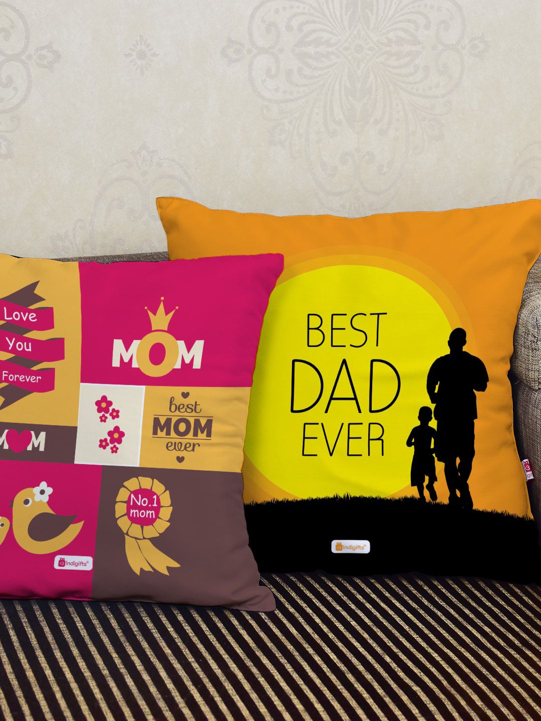 Indigifts Set Of 2 Mom And Dad Printed Cotton Cushion With Filler Price in India