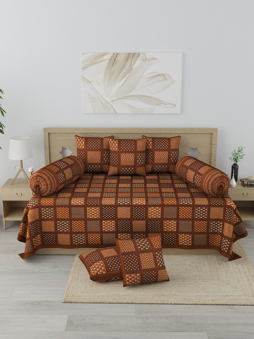 Clasiko Set Of 8 Brown Ethnic Motif Printed  Bedsheet With Bolster & Cushion Cotton Covers Price in India