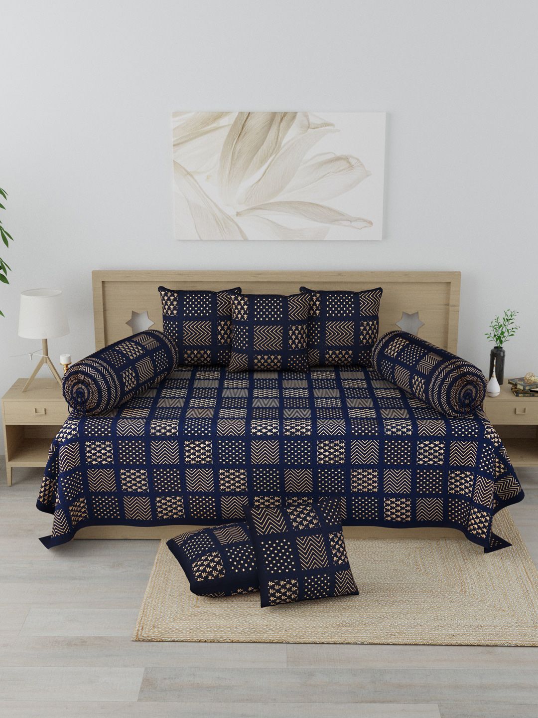 Clasiko Set Of 8 Blue & Gold-Coloured Printed Pure Cotton Diwan Set Price in India