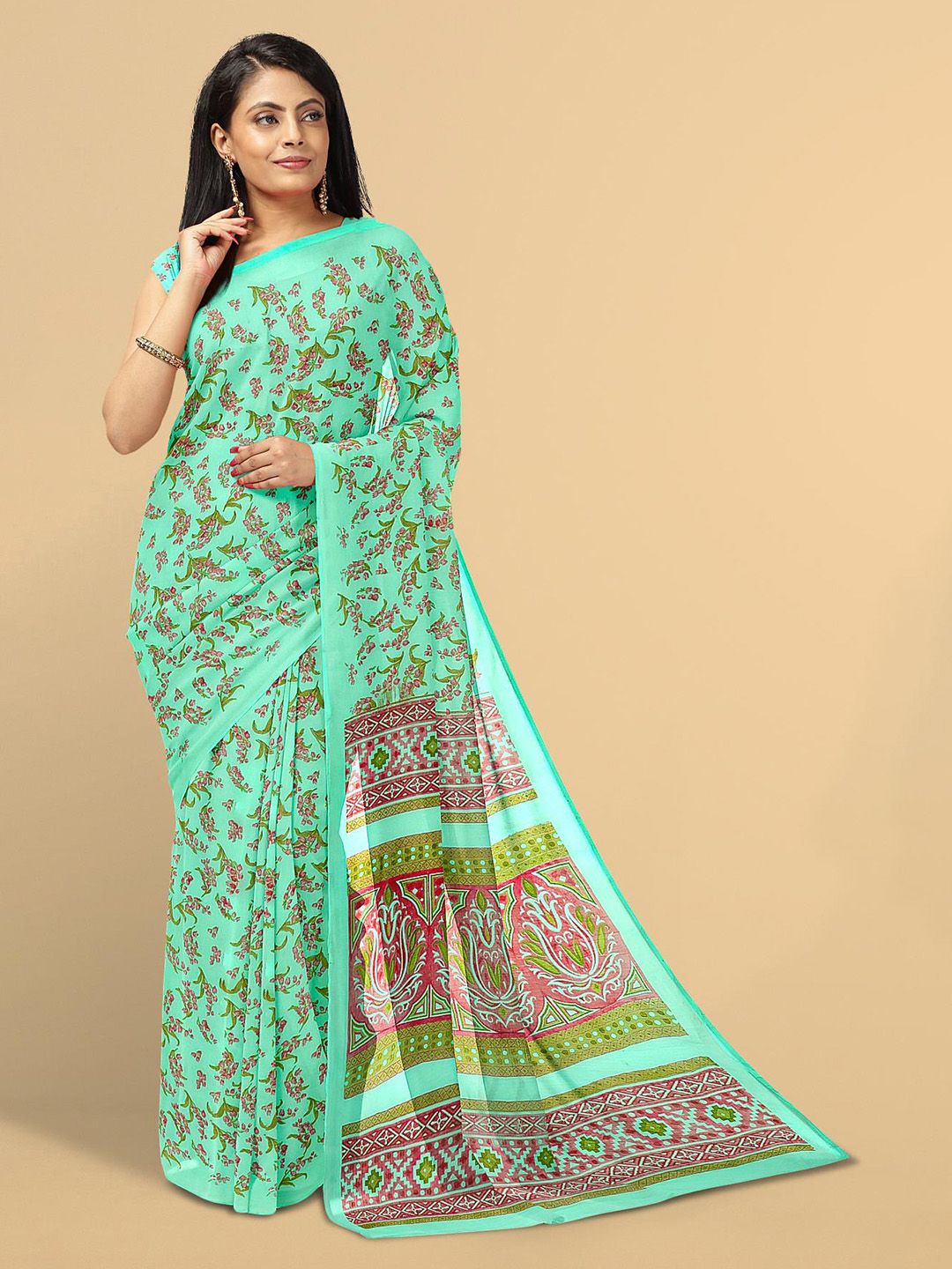 Kalamandir Sea Green & Brown Floral Saree Price in India