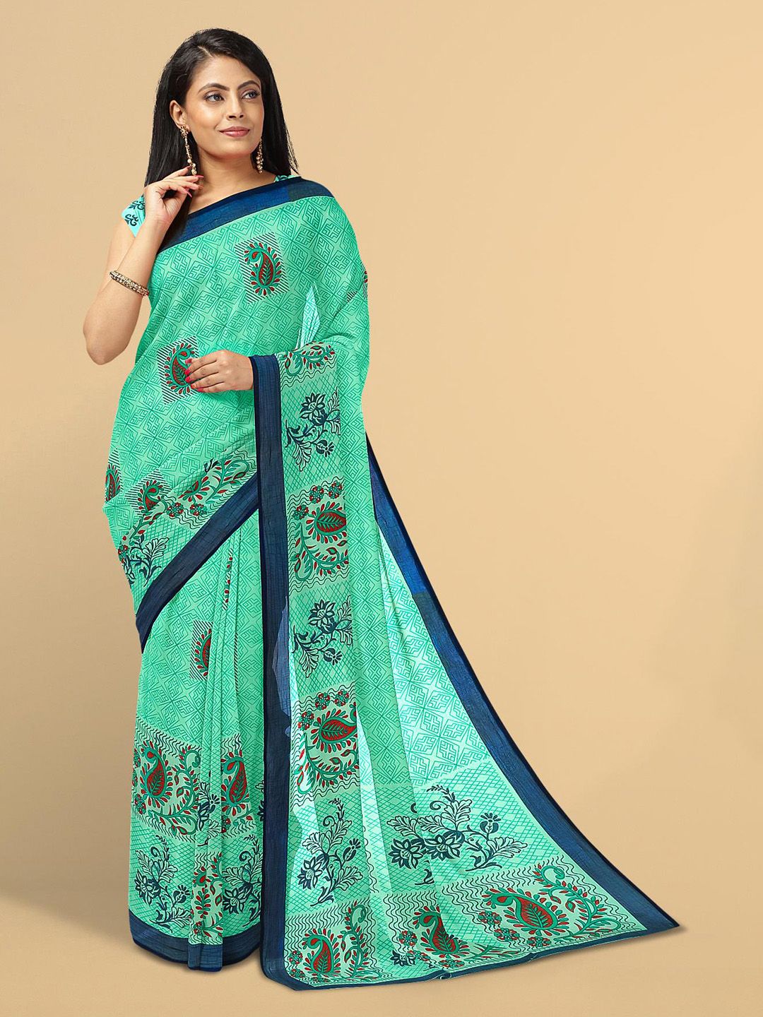 Kalamandir Sea Green & Red Floral Silk Blend Saree Price in India