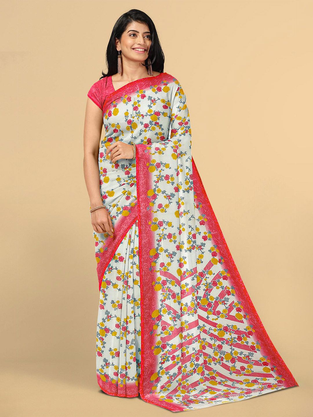 Kalamandir White & Magenta Floral Zari Silk Blend Saree Price in India