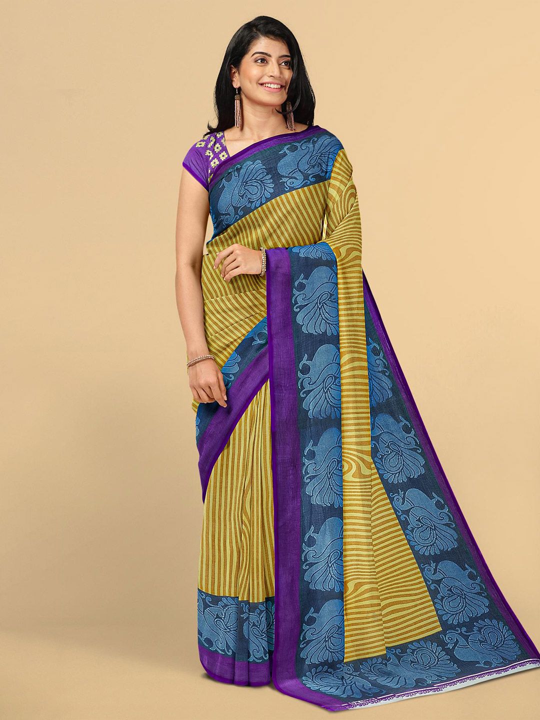 Kalamandir Yellow & Blue Striped Silk Blend Saree Price in India