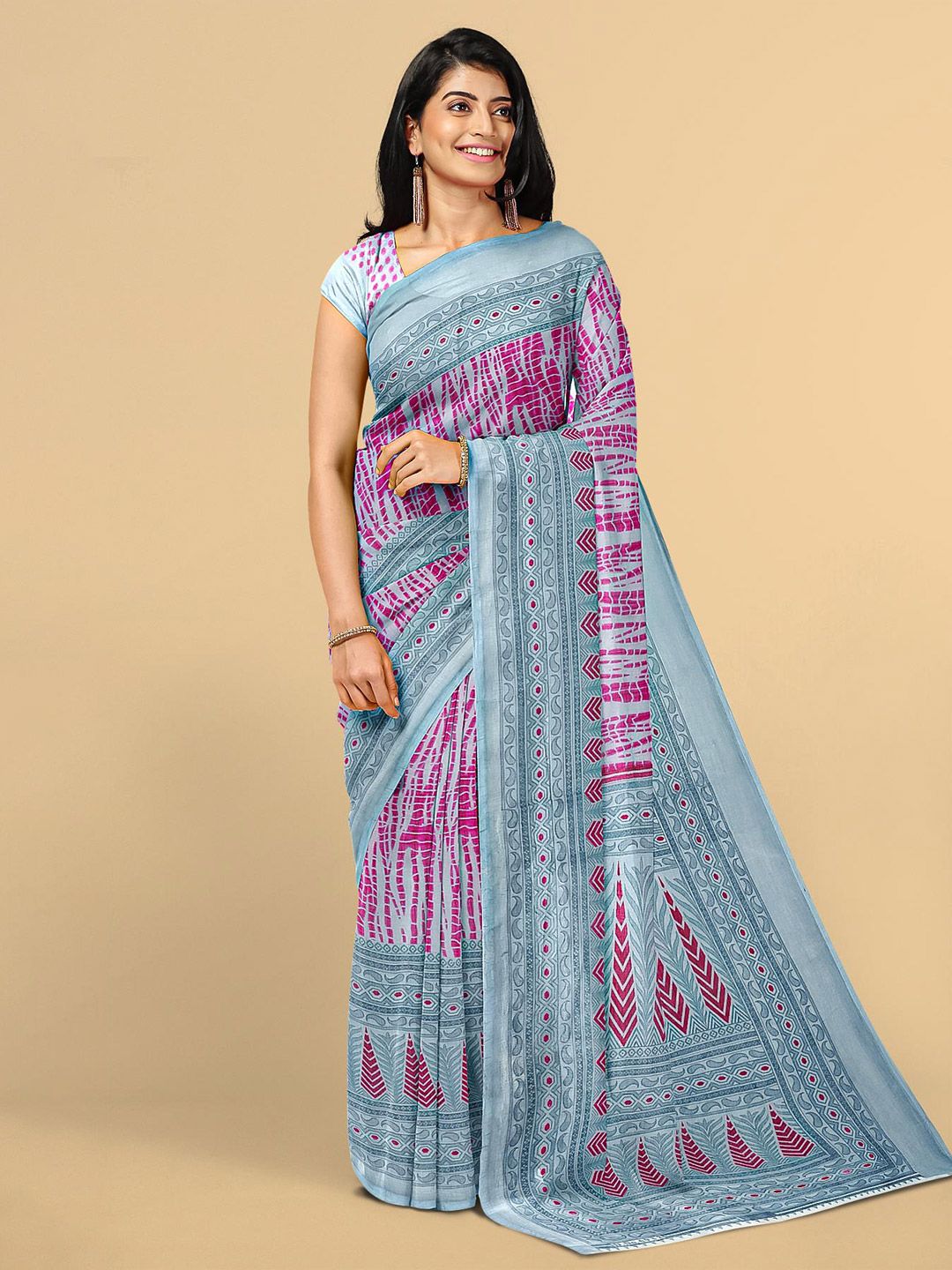 Kalamandir Pink & Blue Tie and Dye Mirror Work Silk Blend  Saree Price in India