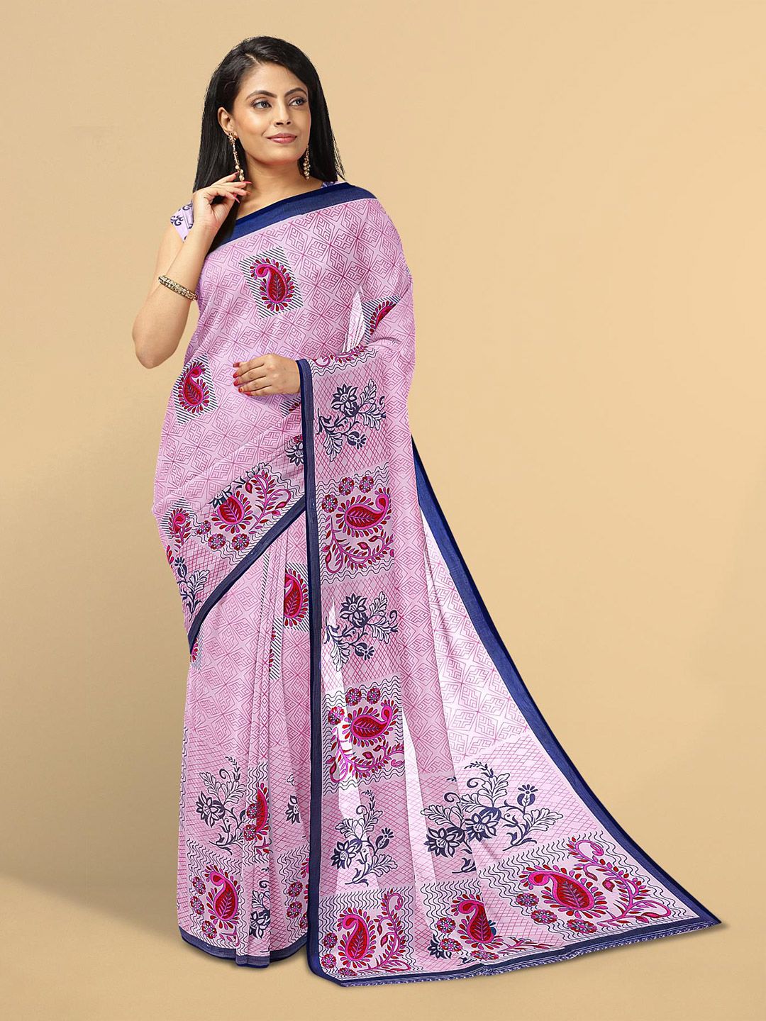 Kalamandir Pink & Blue Floral Silk Blend Saree Price in India