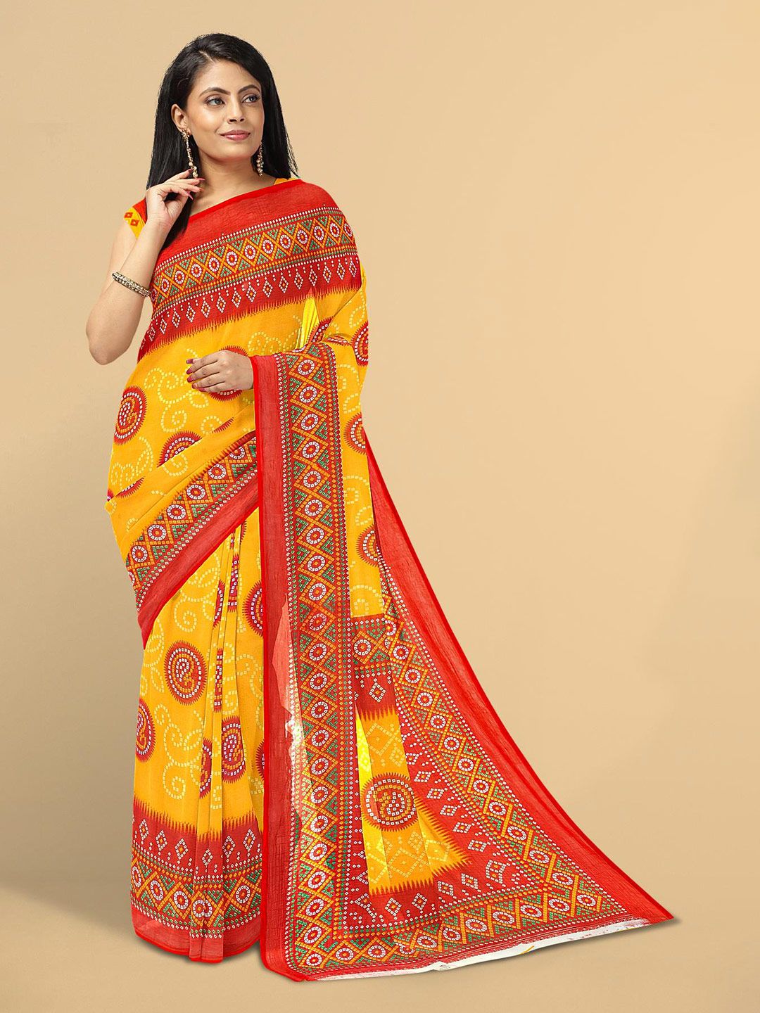 Kalamandir Yellow & Red Paisley Silk Blend Saree Price in India