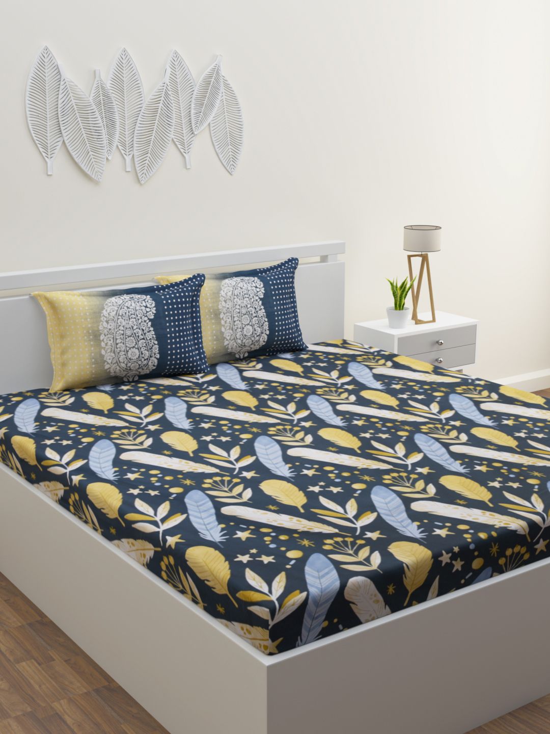 ROMEE Blue & Beige Conversational 160 TC King Bedsheet with 2 Pillow Covers Price in India