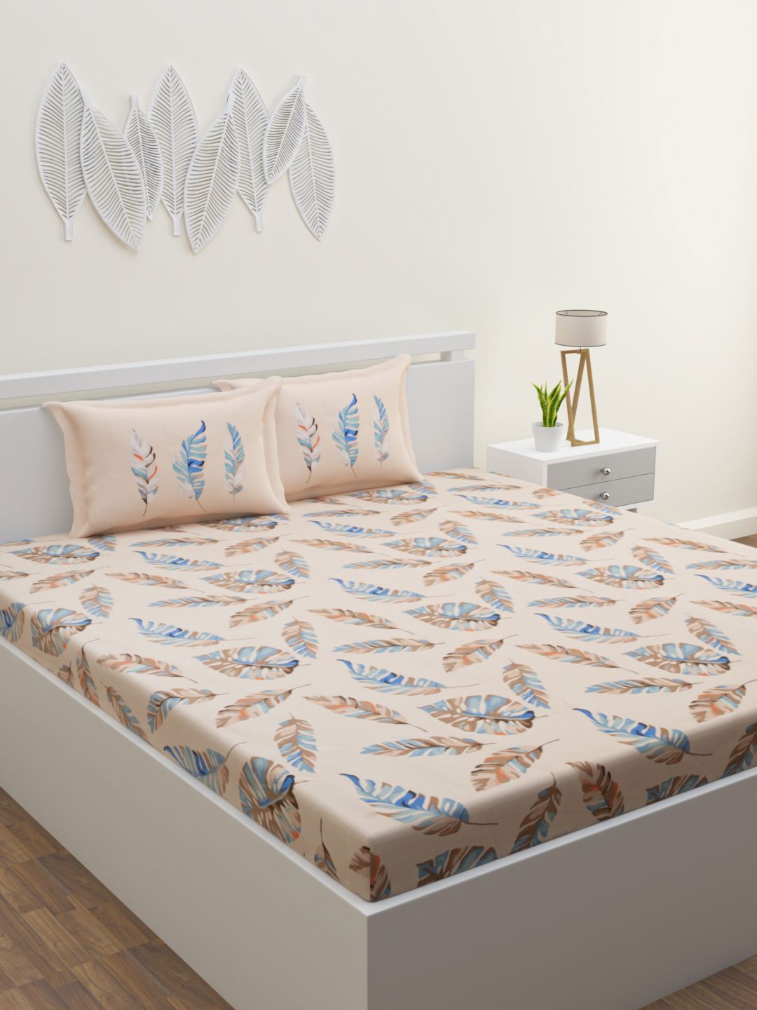 ROMEE Peach-Coloured & Blue Floral 160 TC King Cotton Bedsheet with 2 Pillow Covers Price in India