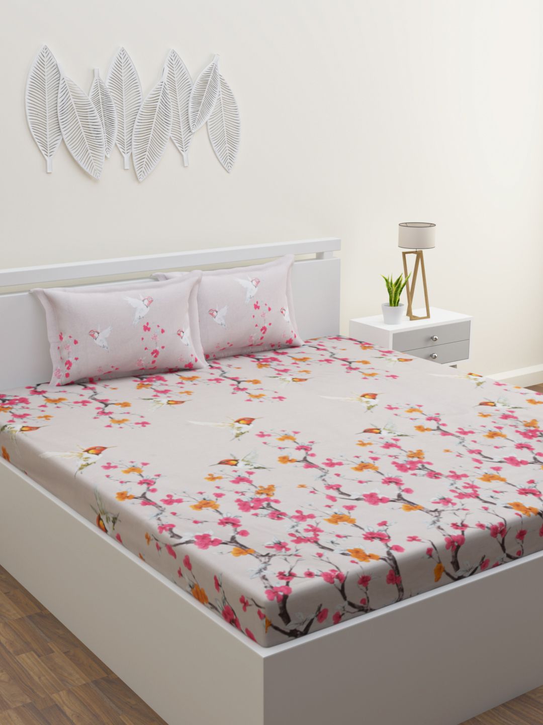 ROMEE Peach-Coloured & Grey Floral 160 TC Cotton King Bedsheet with 2 Pillow Covers Price in India