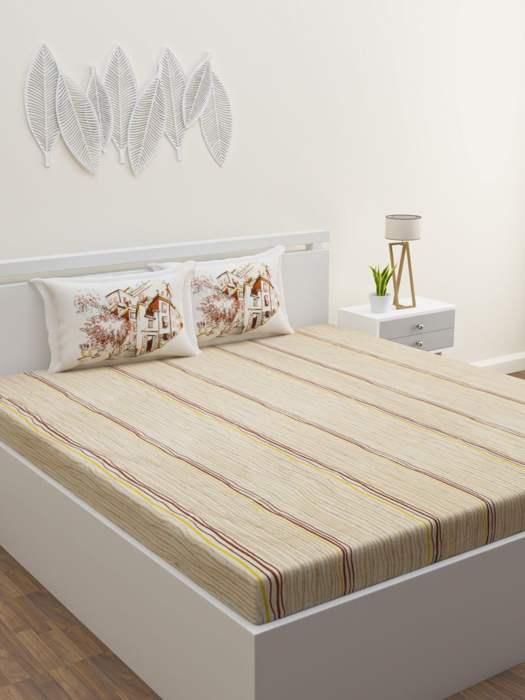 ROMEE Beige Striped 160 TC Cotton King Bedsheet with 2 Pillow Covers Price in India