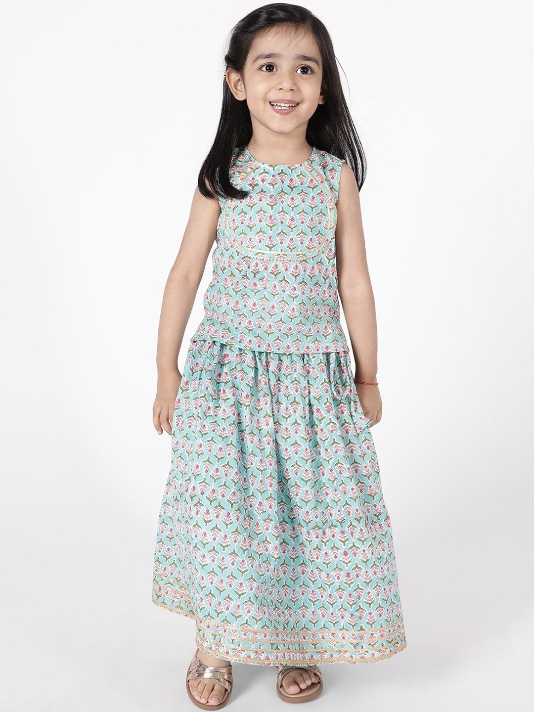 A Little Fable Girls Blue & Red Printed Ready to Wear Lehenga & Blouse With Dupatta