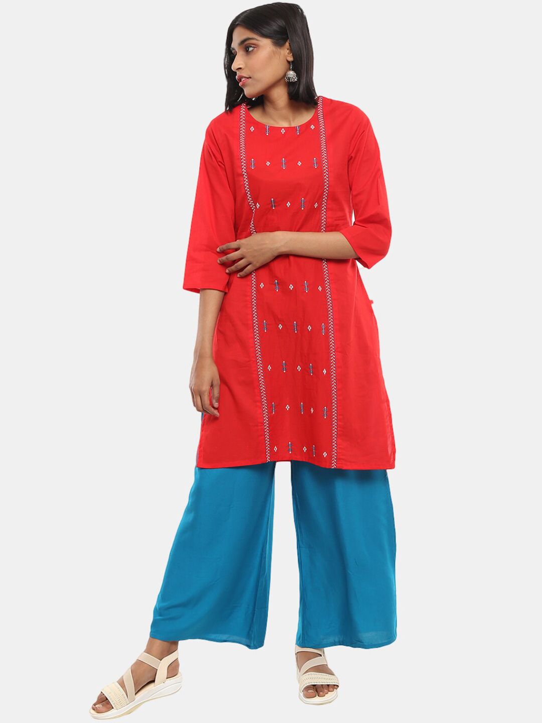 V-Mart Women Red Geometric Embroidered Thread Work Kurta Price in India