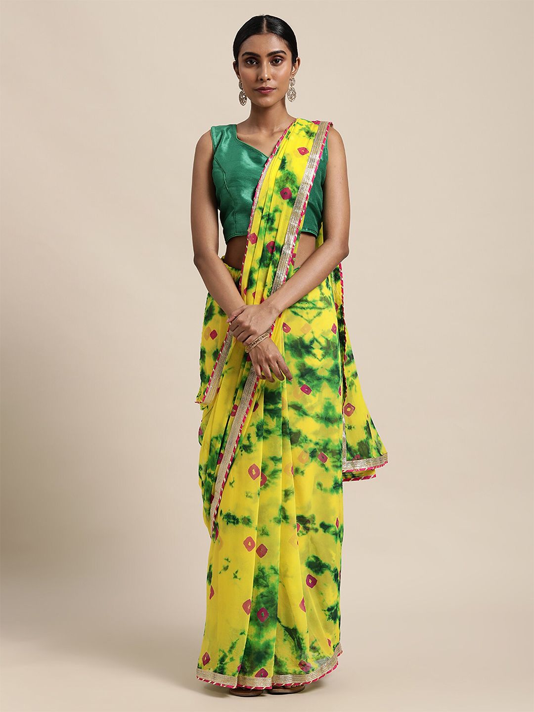 Mitera Yellow & Green Tie and Dye Saree Price in India