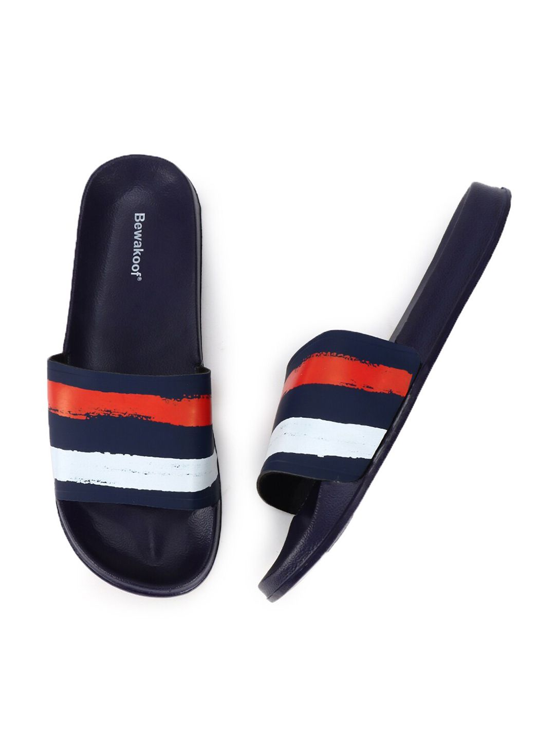 Bewakoof Women Blue White Striped Rubber Sliders Price in India