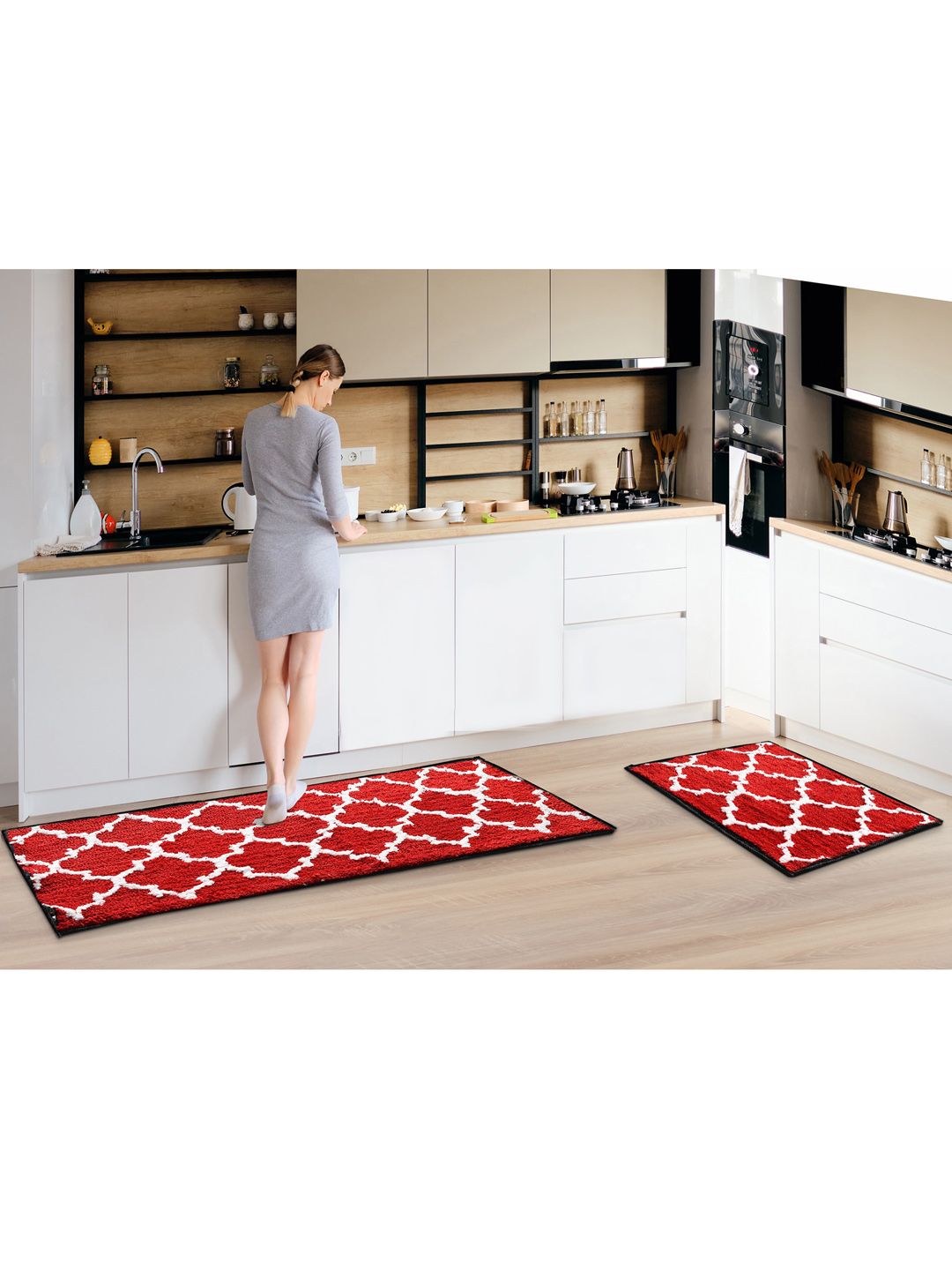 AAZEEM Set Of 2 Red & White Printed Rectangular Anti Skid Runners Price in India