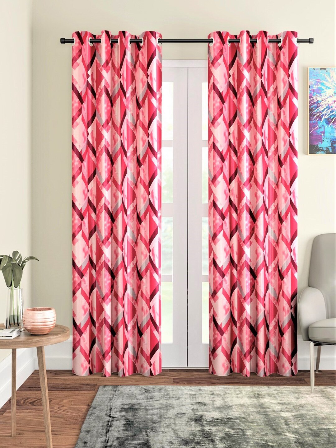 Home Sizzler Maroon & Pink Set of 2 Geometric Door Curtain Price in India