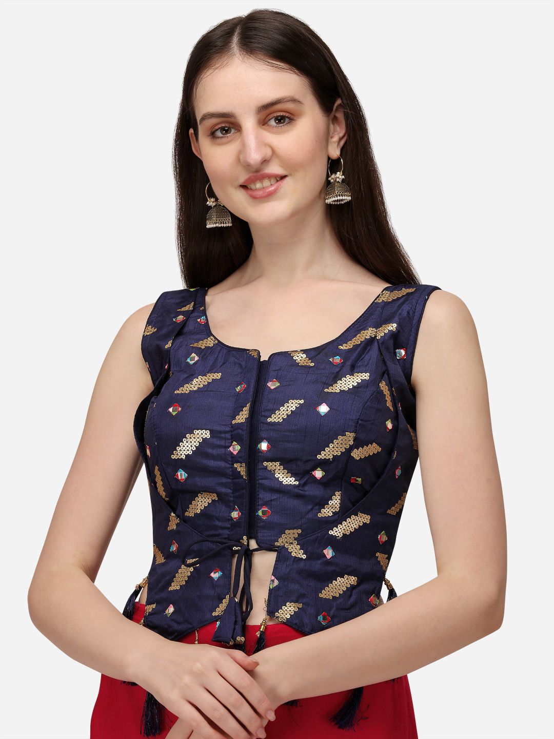 Fab Viva Women Navy Blue Embroidered Silk Saree Blouse Price in India