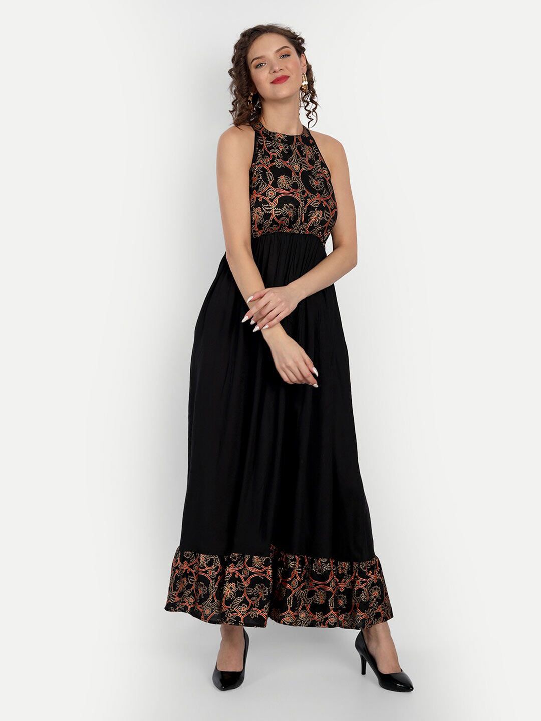PURSHOTTAM WALA Black & xiketic Floral Halter Neck Maxi Dress Price in India