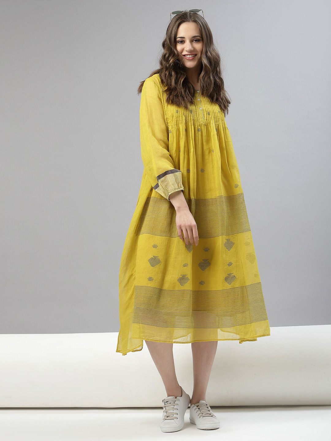 TERQUOIS Yellow Ethnic Motifs A-Line Midi Dress Price in India