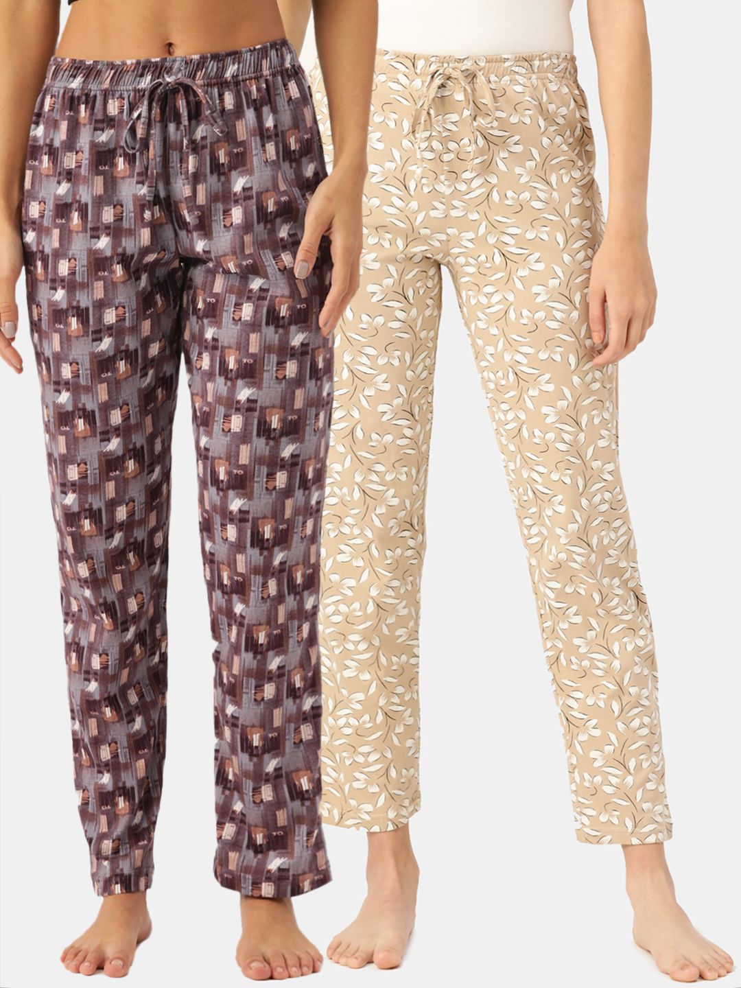 Leading Lady Women Pack of 2 Grey & Beige Printed Cotton Lounge Pants Price in India