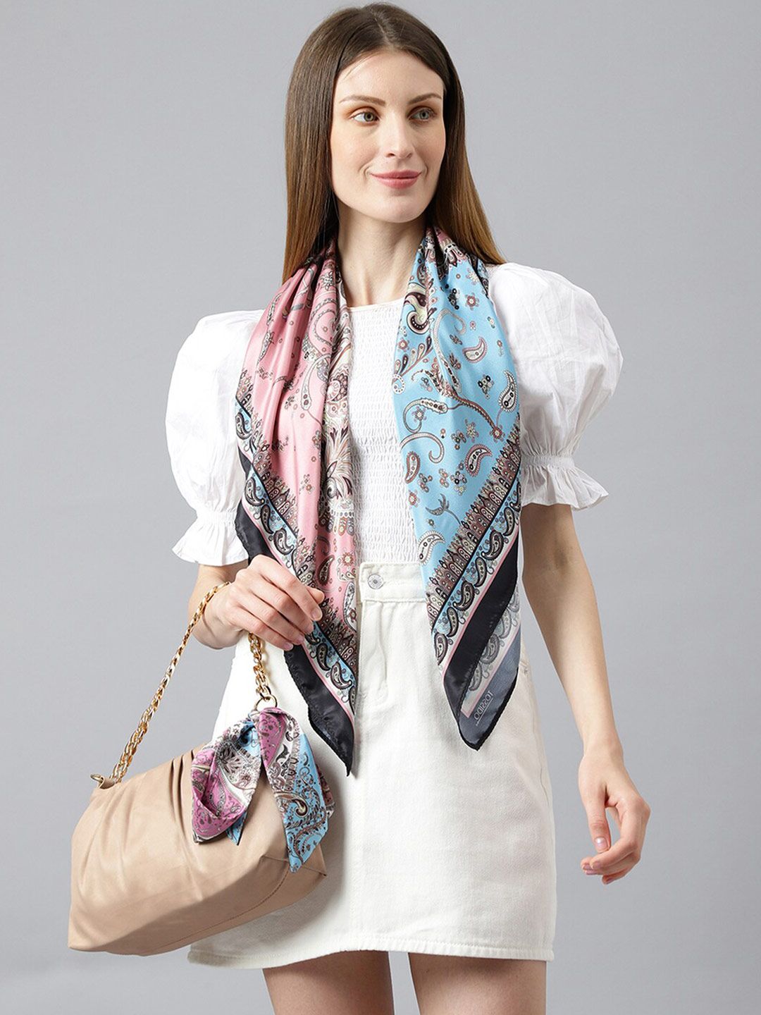 Tossido Women Peach-Coloured & Blue Printed Scarf Price in India