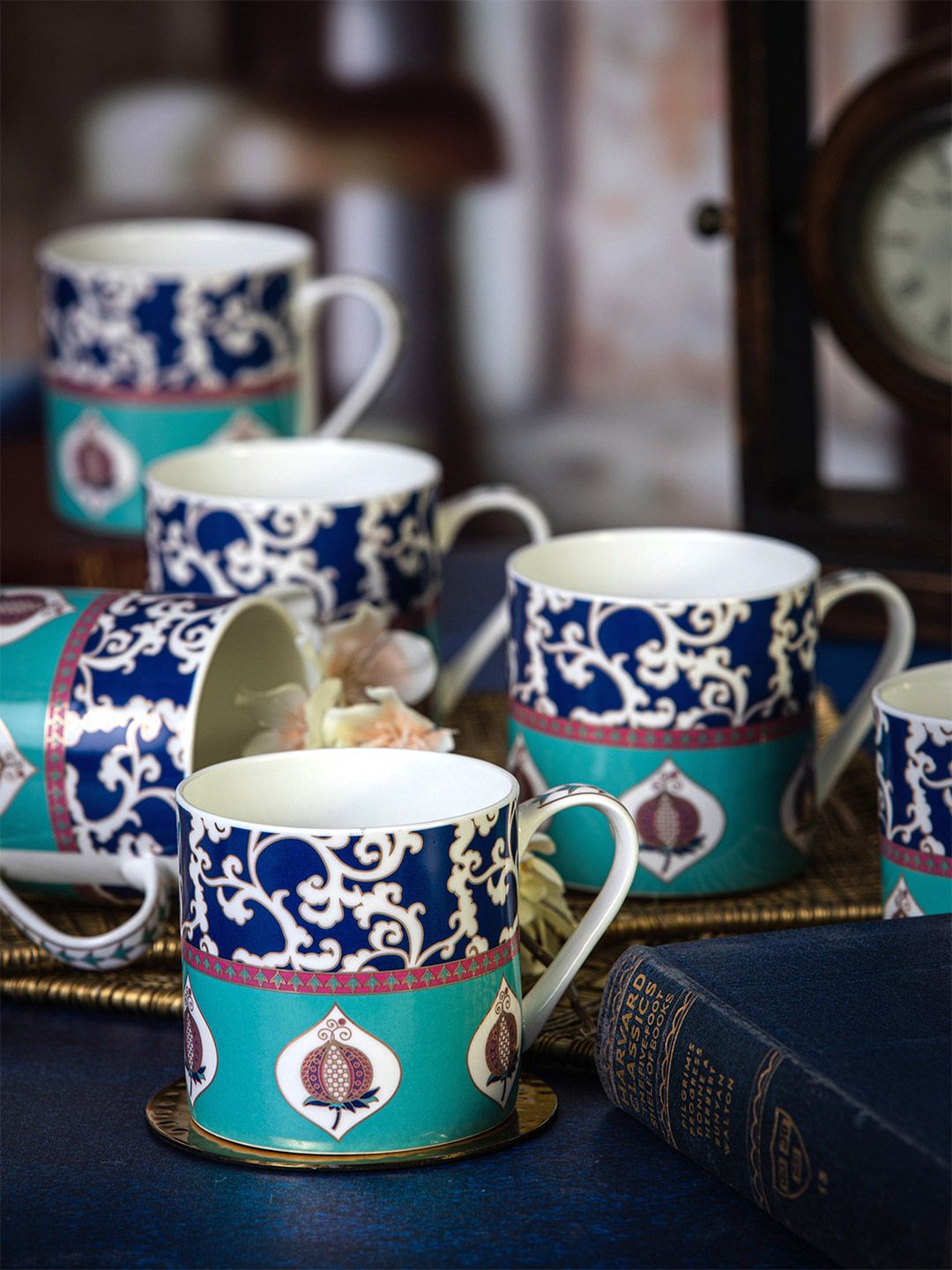 GOODHOMES Blue & Green Floral Printed Bone China Glossy Mugs Set of Cups and Mugs Price in India