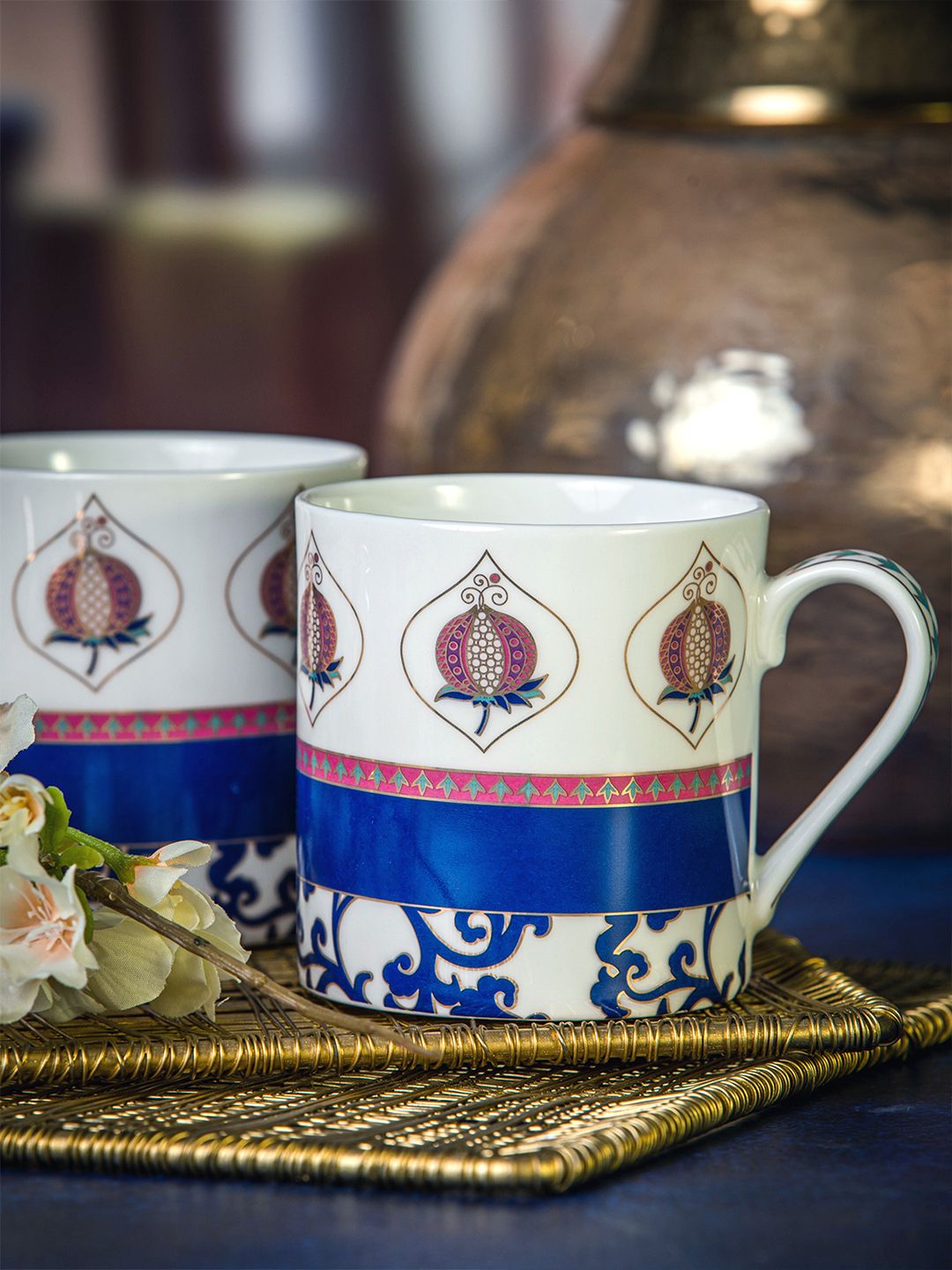 GOODHOMES White & Blue Floral Printed Bone China Glossy Mugs Set of Cups and Mugs Price in India