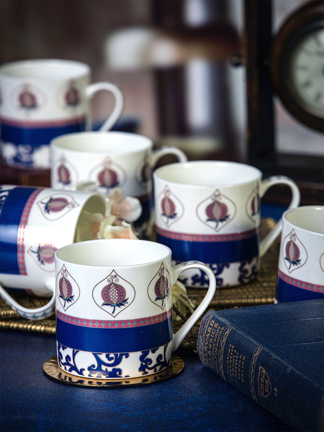 GOODHOMES White & Blue Floral Printed Bone China Glossy Mugs Set of Cups and Mugs Price in India